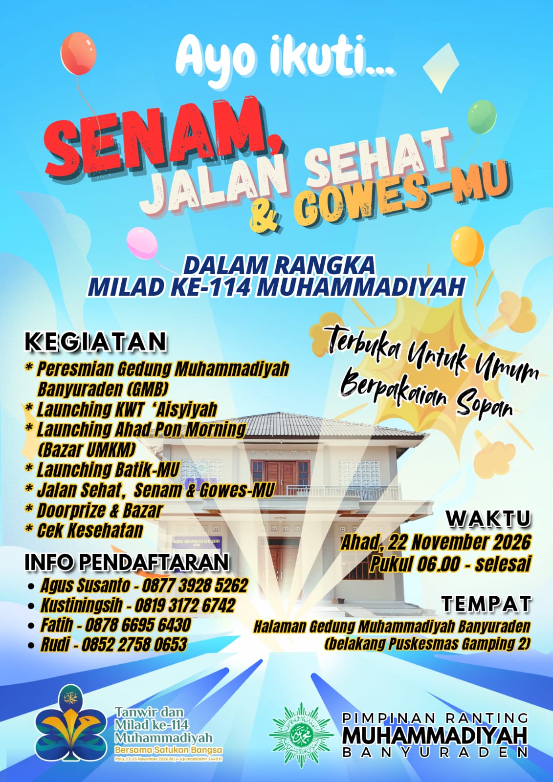Poster senam, jalan sehat, dan Gowes-MU dalam rangka Milad Muhammadiyah ke-114 dan peresmian GMB.