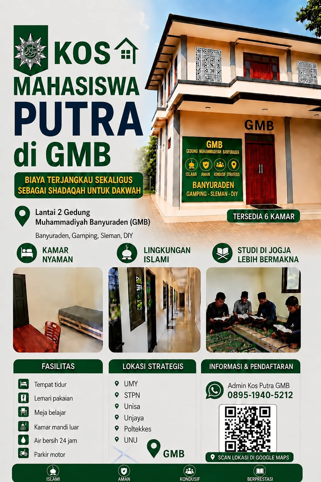 Kos Mahasiswa Putra GMB Tawarkan Hunian Islami Dekat Kampus